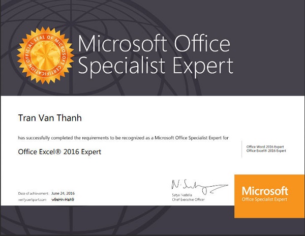 Chứng chỉ MOS Excel Expert 2016