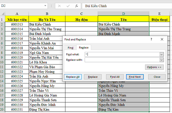 Sử dụng Tìm kiếm và Thay thế (Replace) trong Excel